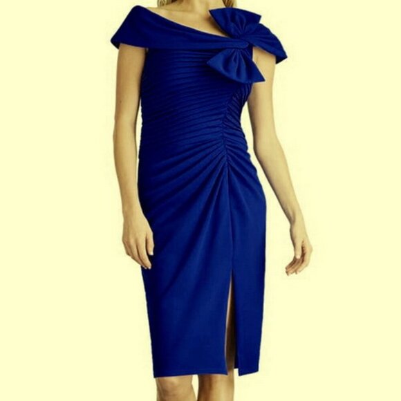 Tadashi Shoji Mystic Blue Bow Pleated Crepe Dress - Picture 4 of 4